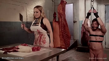 Huge boobs blonde MILF butcher Aiden Starr bound bad delivery man Mike Panic and tormented his nipples then pegged his tight ass with strap on dick at her butcher shop